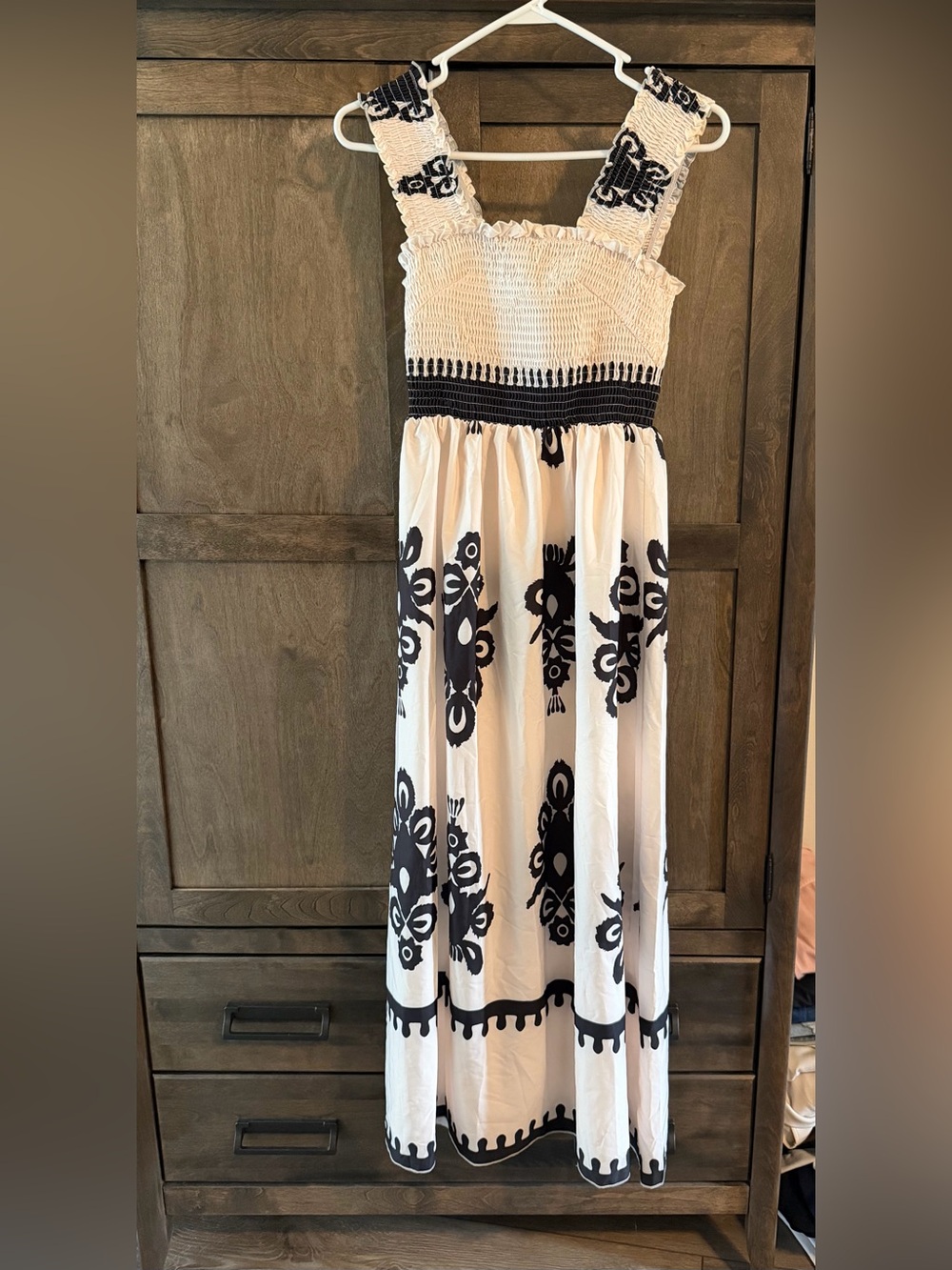 Smocked Cream Maxi Dress with Black Floral Print